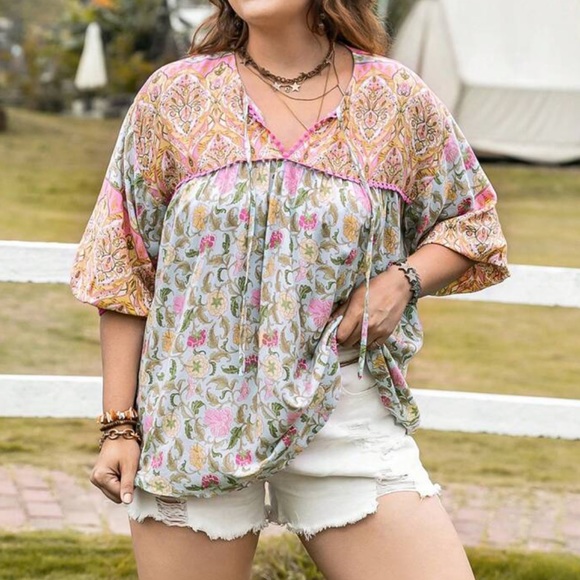 Plus size boho floral print tie neck blouse